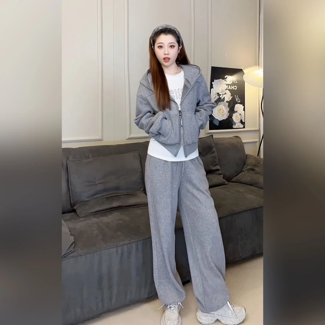 【冬日恋岛】加绒加厚雪花绒上衣裤子两件套连帽宽松套装休闲套装女