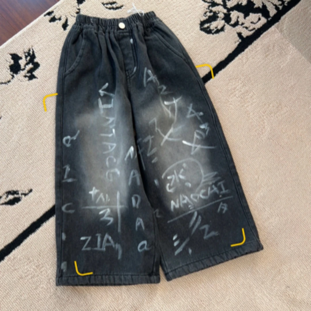 【编号Q08】Z1111-01-儿童 加厚字母牛仔裤黑色-zx