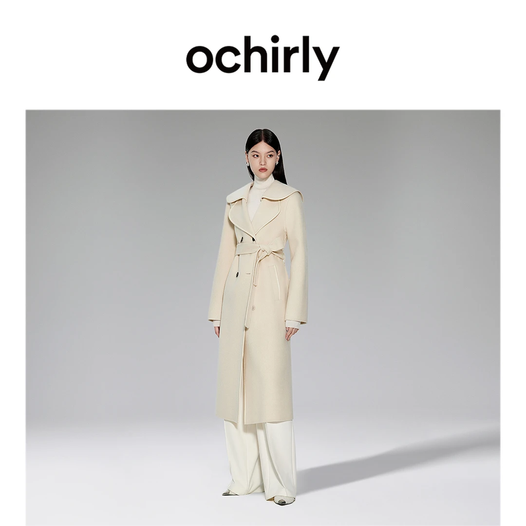 ochirly/欧时力高奢大衣澳进口100绵羊毛呢外套配腰带