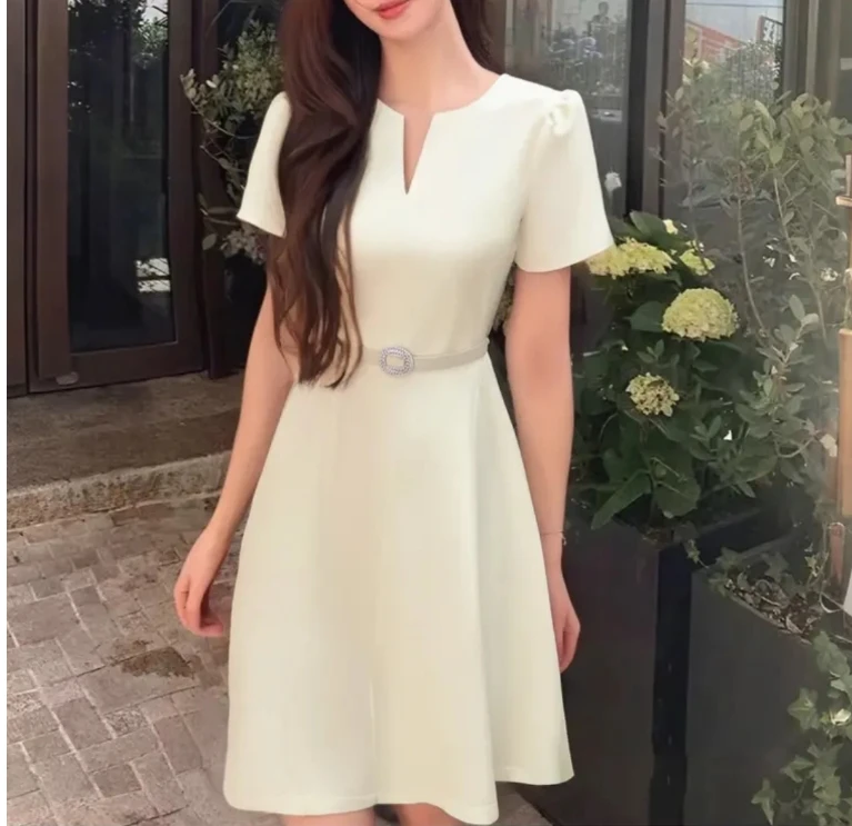 新款杏色短袖常规夏季A字裙连衣裙复古泡泡袖初恋风公主裙送腰带