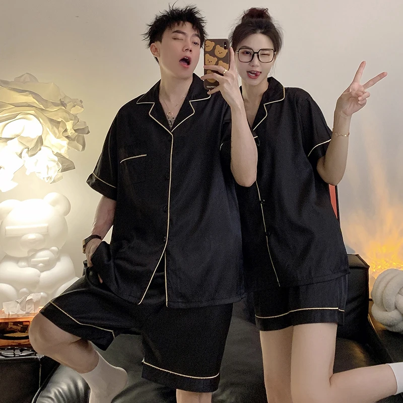 情侣睡衣女加肥大码220斤夏季冰丝短袖高级感黑色男士薄款家居服