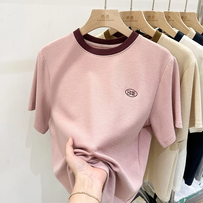 韩版撞色宽松短袖t恤女装夏季设计感刺绣棉质薄款休闲百搭上衣