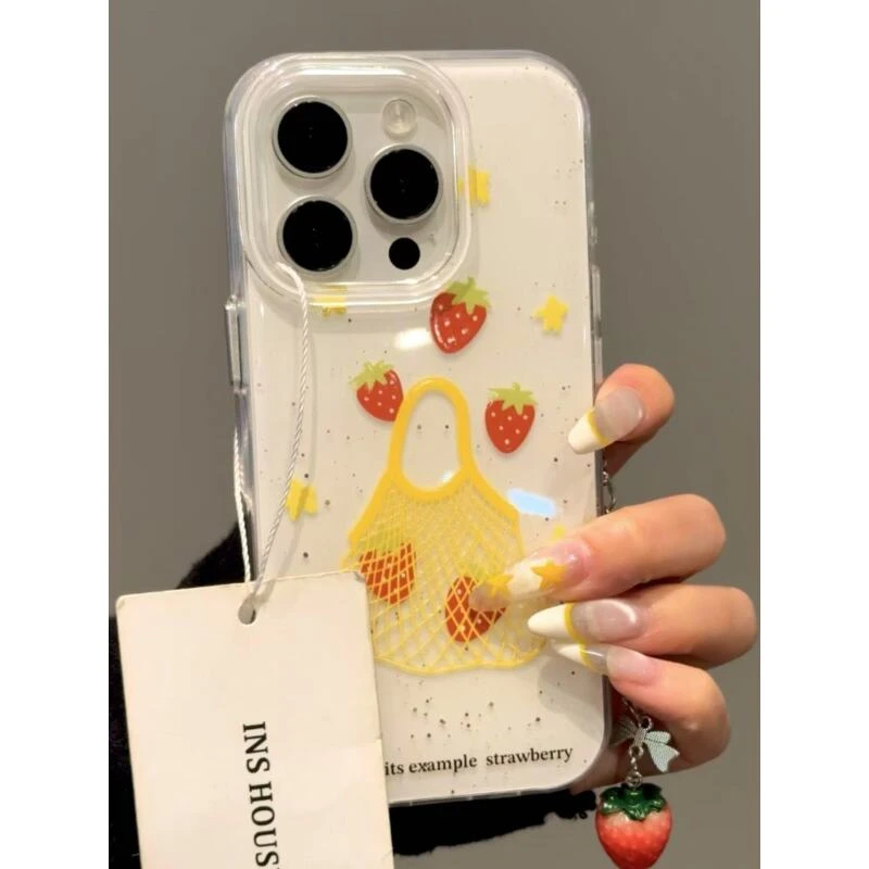 白底创意草莓购物袋适用iphone16promax苹果15pr手机壳14新款13