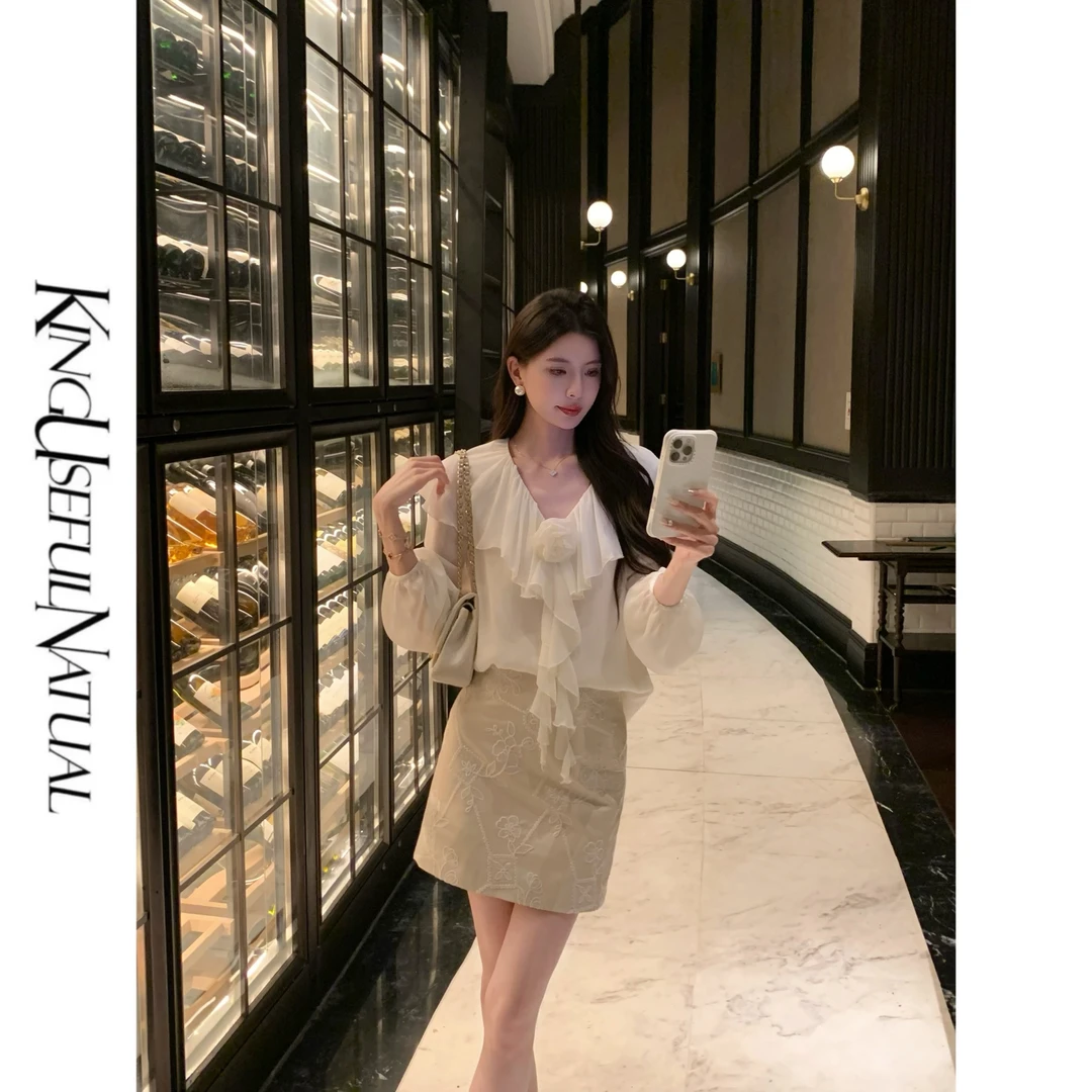 KUN【清冷雾纱】垂坠动人 竖条纹肌理清新高级立体荷叶边长袖衬衫