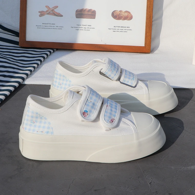 2025夏季新款透气百搭魔术贴板鞋女ins潮休闲德训帆布鞋学生格子