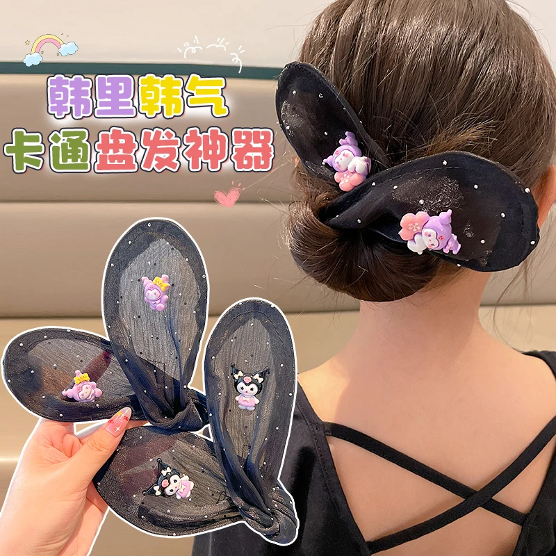 儿童2025新款网纱满天星兔耳懒人盘发器甜美花苞丸子头扭扭夹发饰