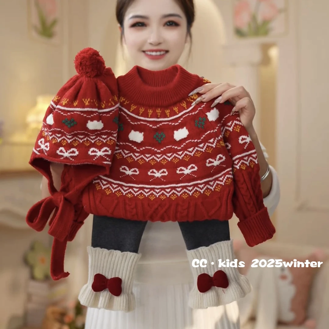 儿童装女童冬季可爱时尚女宝宝蝴蝶结针织毛衣+毛线裤脚裤251212