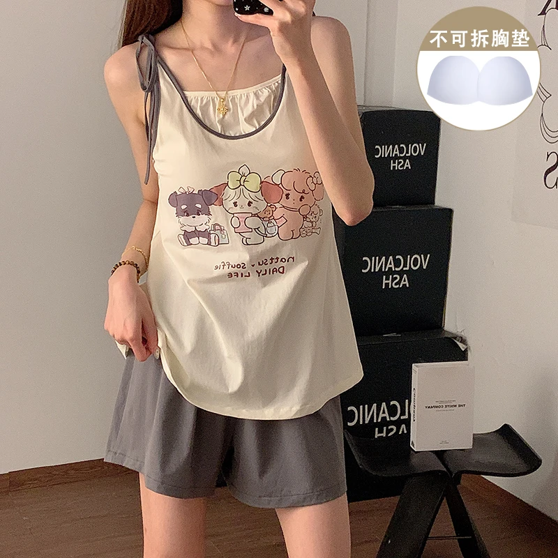 带胸垫睡衣女新款夏季休闲吊带短裤甜美可爱学生夏天家居服两件套