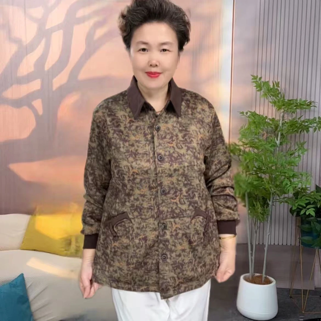 春秋大码中老年气质碎花妈妈装翻领时尚宽松长袖洋气休闲百搭上衣