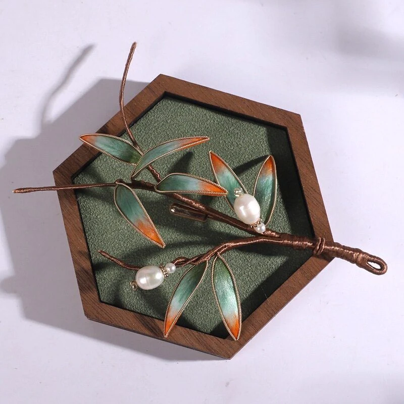 锌合金羽毛胸针 中国风淡雅竹叶别针蚕丝掐丝绒花新中式胸针日常