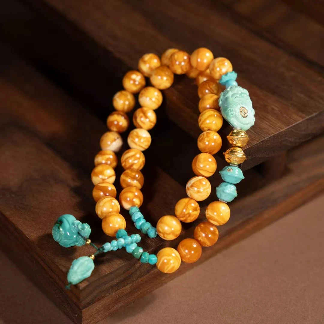 【壹芳珠宝】天然原矿琥珀蜜蜡设计吞金兽百香籽双圈8mm