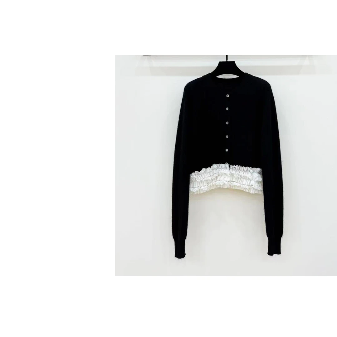 【西西高定】秋冬韩系设计感下摆花边圆领开衫上衣