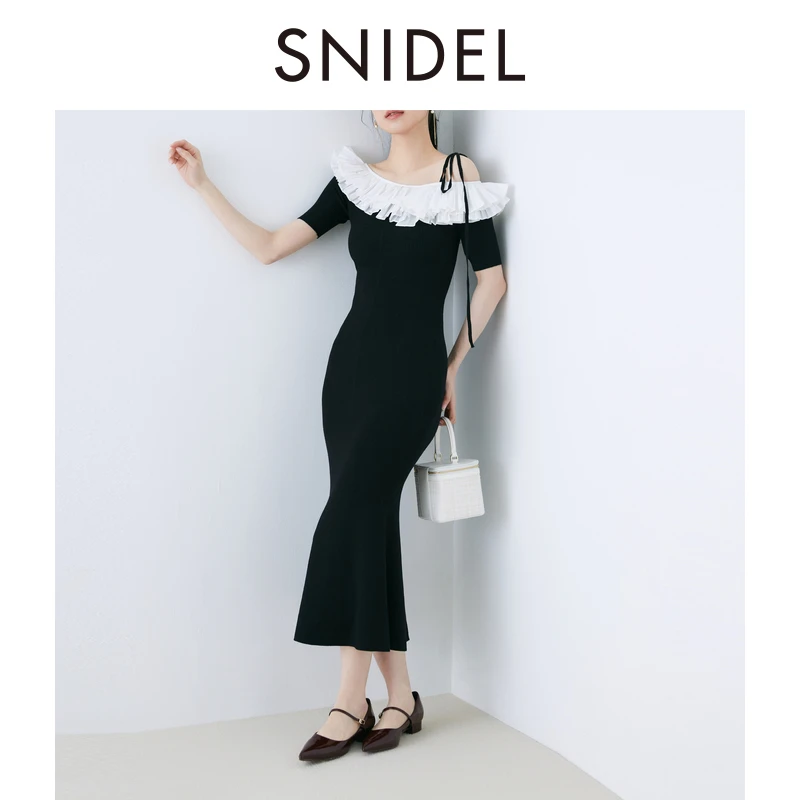 SNIDEL2025春夏新品优雅短袖荷叶领露肩针织鱼尾连衣裙SWNO252031