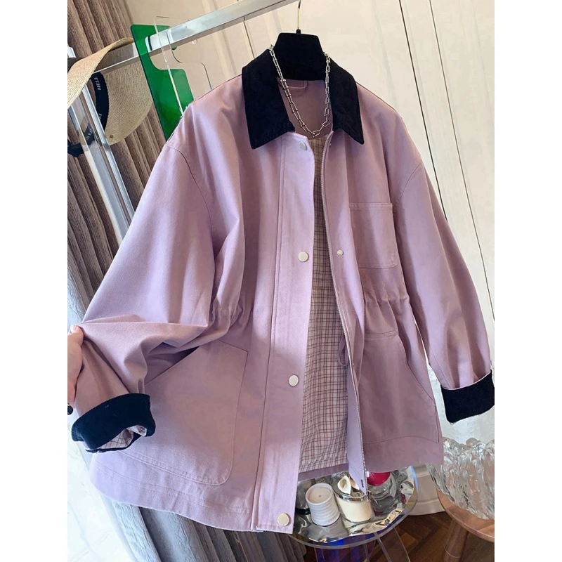 高级感大牌复古撞色粉色格子翻领风衣宽松中长款外套女2025春季