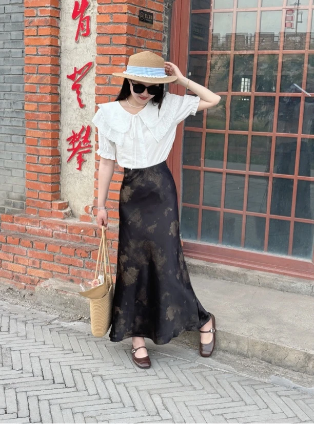 春夏新款碎花气质修身流金缎面扎染中国风水墨鱼尾半身裙