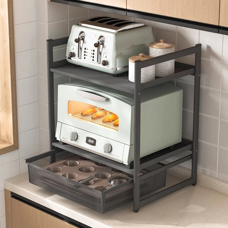 微波炉置物架抽拉式厨房台面烤箱电饭锅支架带抽屉落地多层储物架
