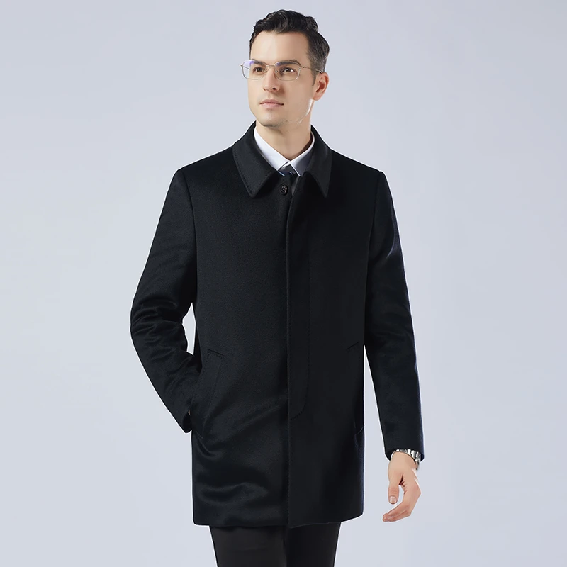 新品【100%山羊绒】男士冬季中长款休闲加厚翻领保暖带内胆外套