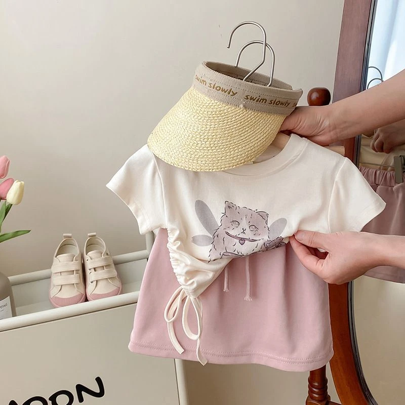 新款2025女小童套装夏季装卡通短袖洋气上衣女孩子粉裙子两件套潮