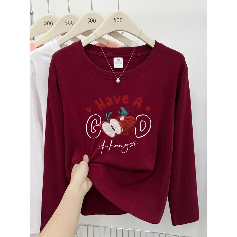 正肩显瘦长袖t恤女苹果字母印花2025新款大码胖mm时尚上衣秋冬季