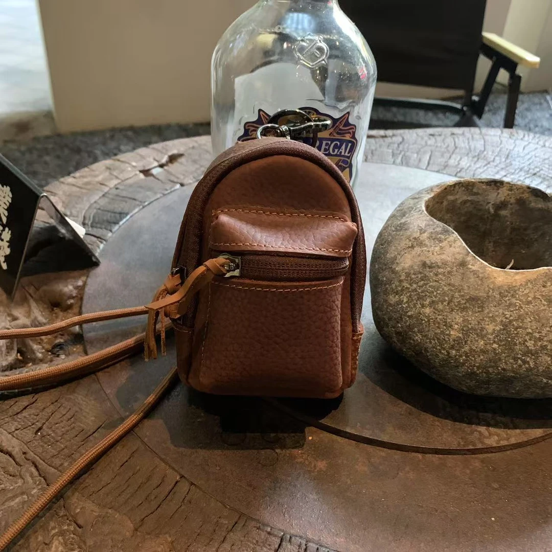 牛皮迷你小书包双肩包挂件创意手工皮具钥匙卡包耳机零钱收纳包