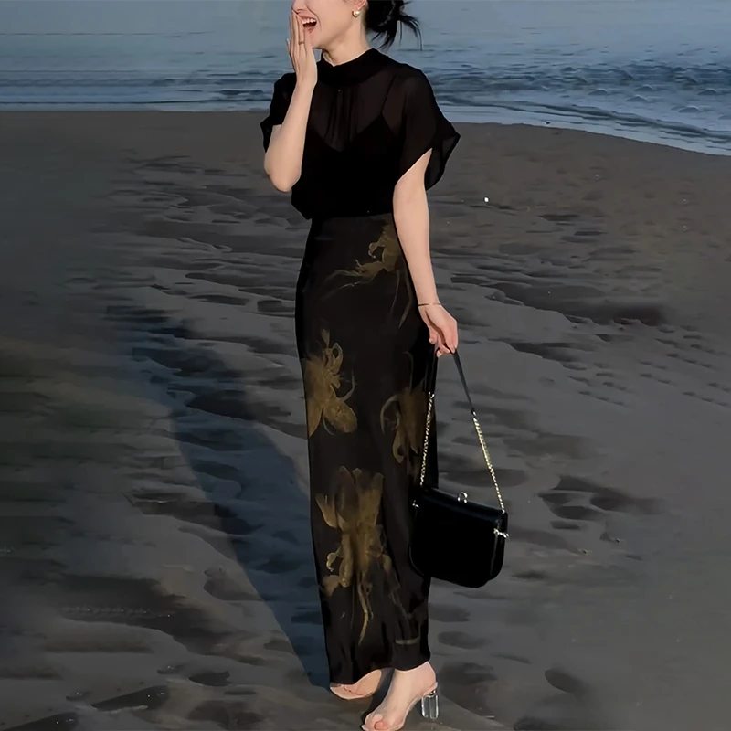 夏季干练气质女套装薄款短袖t恤网纱上衣显瘦新中式半身裙两件套