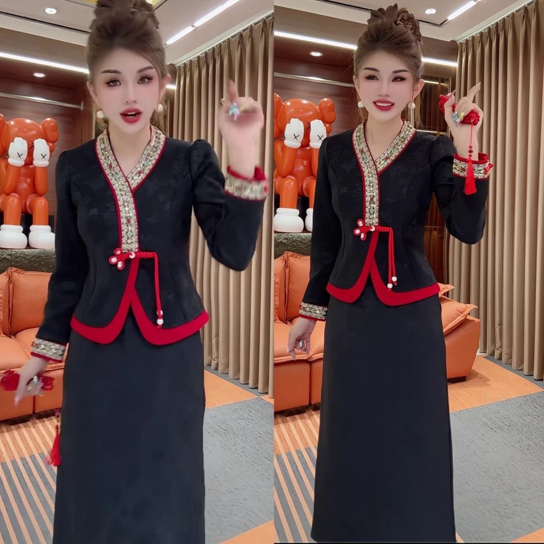 新中式国风民族风刺绣上衣半身裙秋冬新款加绒显瘦气质两件套女