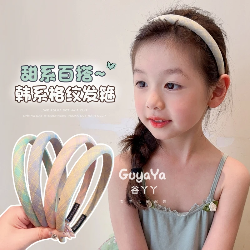 儿童韩系布艺格纹发箍女童甜美少女心洗脸压发头箍不勒头宝宝发捆