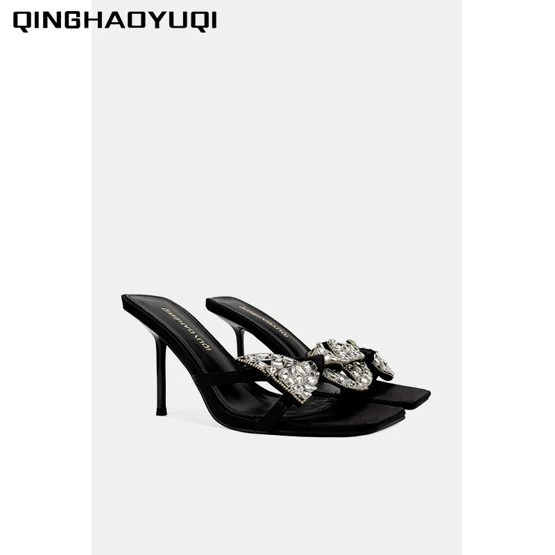 夏季尖头水钻蝴蝶结细跟高跟鞋细带高跟鞋气质一字带高跟鞋半拖