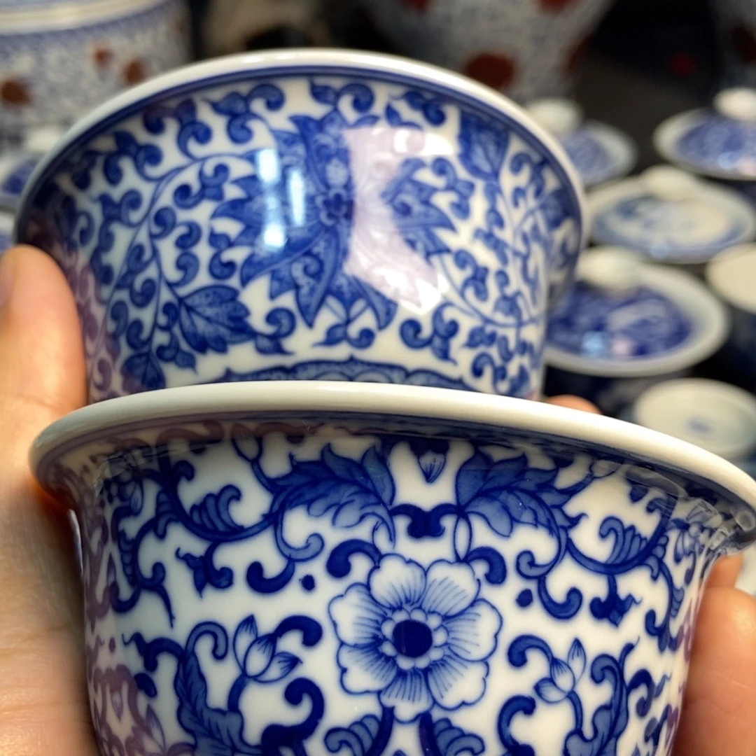 陶瓷柴窑青花大号压手杯2个