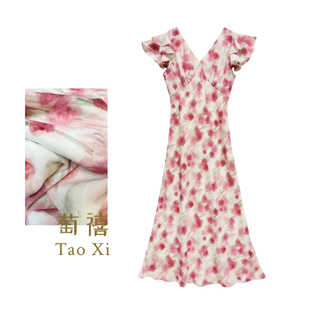 【葡萄】绝美玫瑰印花飞飞袖桑蚕丝度假风V领修身连衣裙TX06QZ1147