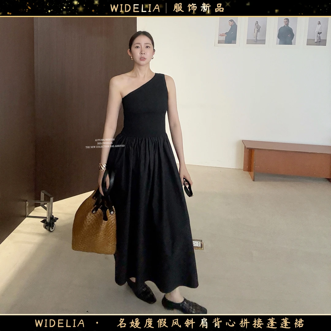 widelia陈魅儿2025春夏新款 名媛度假风斜肩背心拼接蓬蓬裙728825