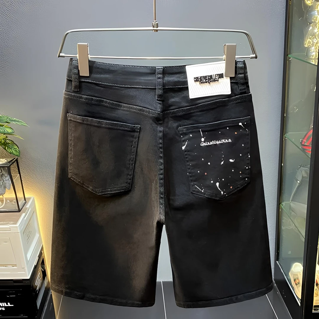 Cebrodz美式高端泼墨漆点黑色牛仔短裤男士五分裤潮牌夏季痞帅裤