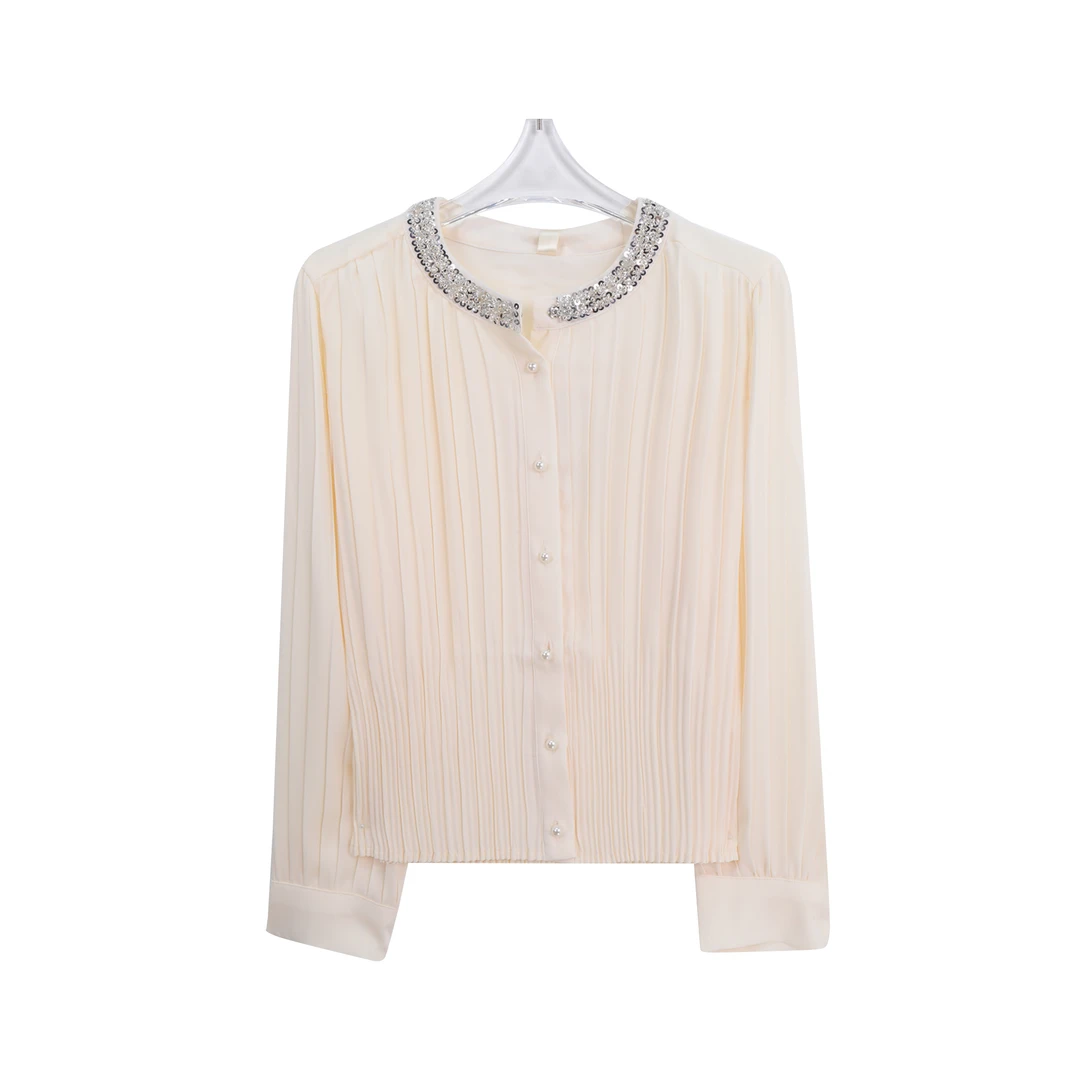时尚气质圆领镶钻钉珠上衣设计感百褶纯色长袖衬衫C11142
