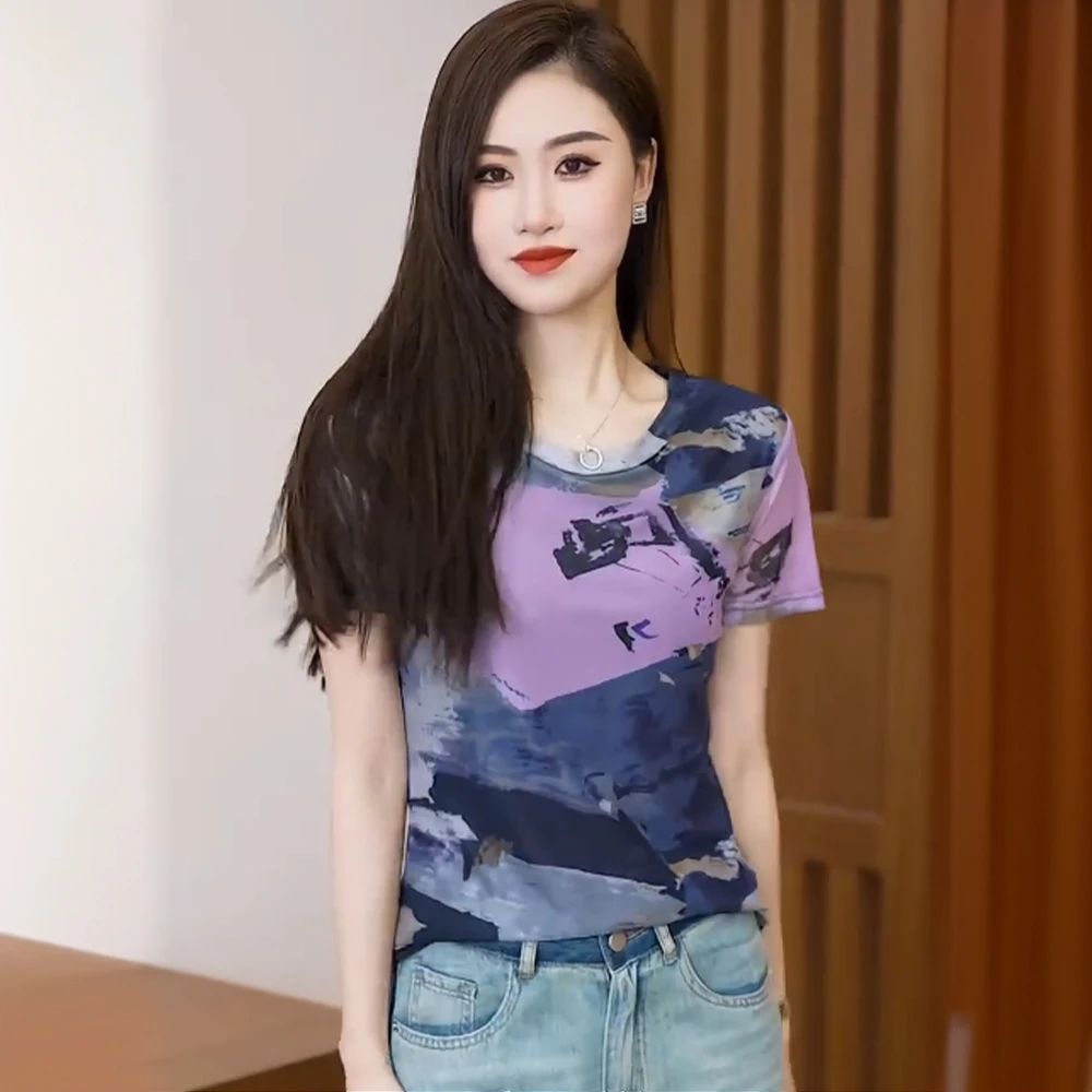 夏季新款时尚印花气质短袖T恤韩版高档圆领显瘦洋气弹力洋气上衣