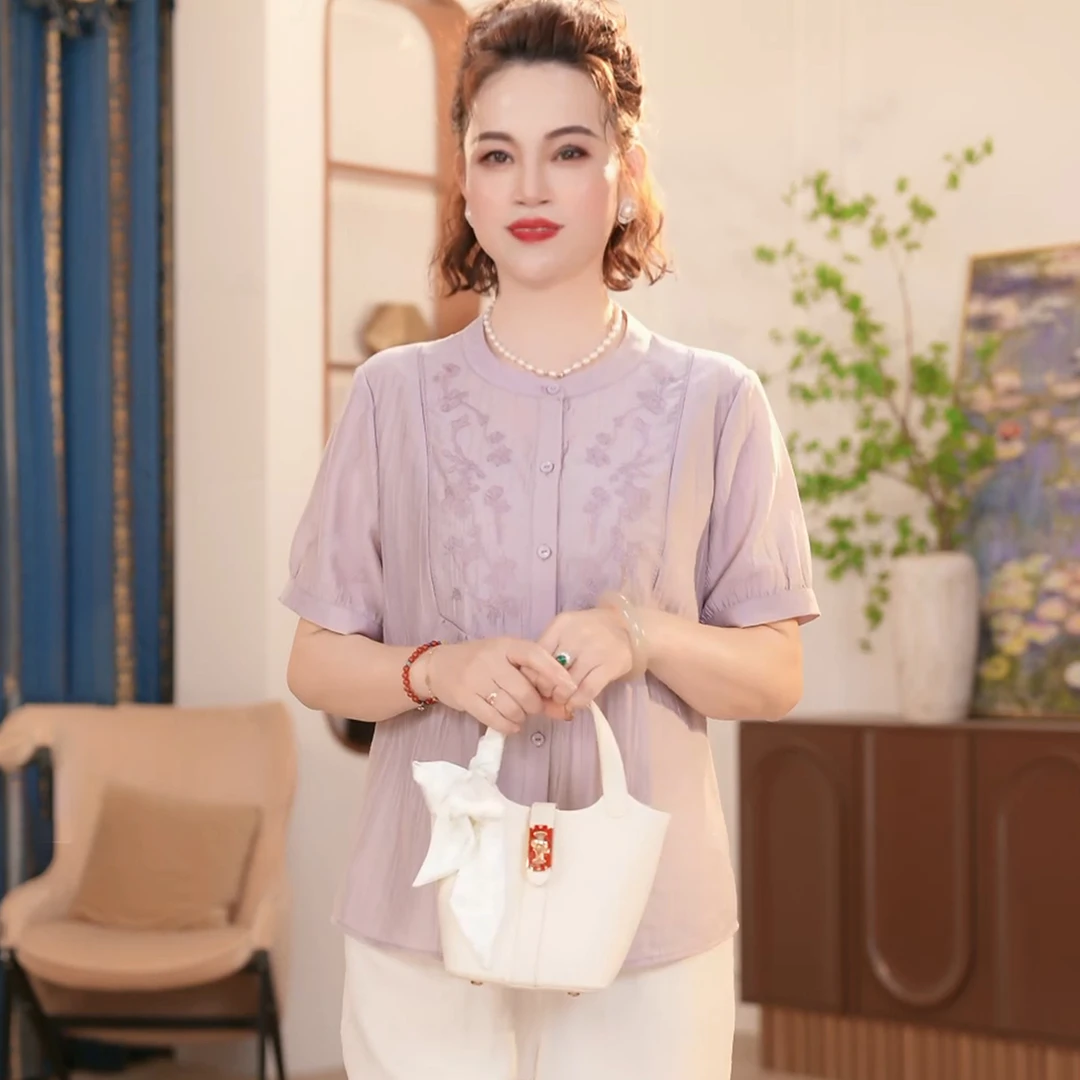 妈妈短袖衬衣中年女大码夏装衬衫洋气复古时尚薄款上衣两件套套装