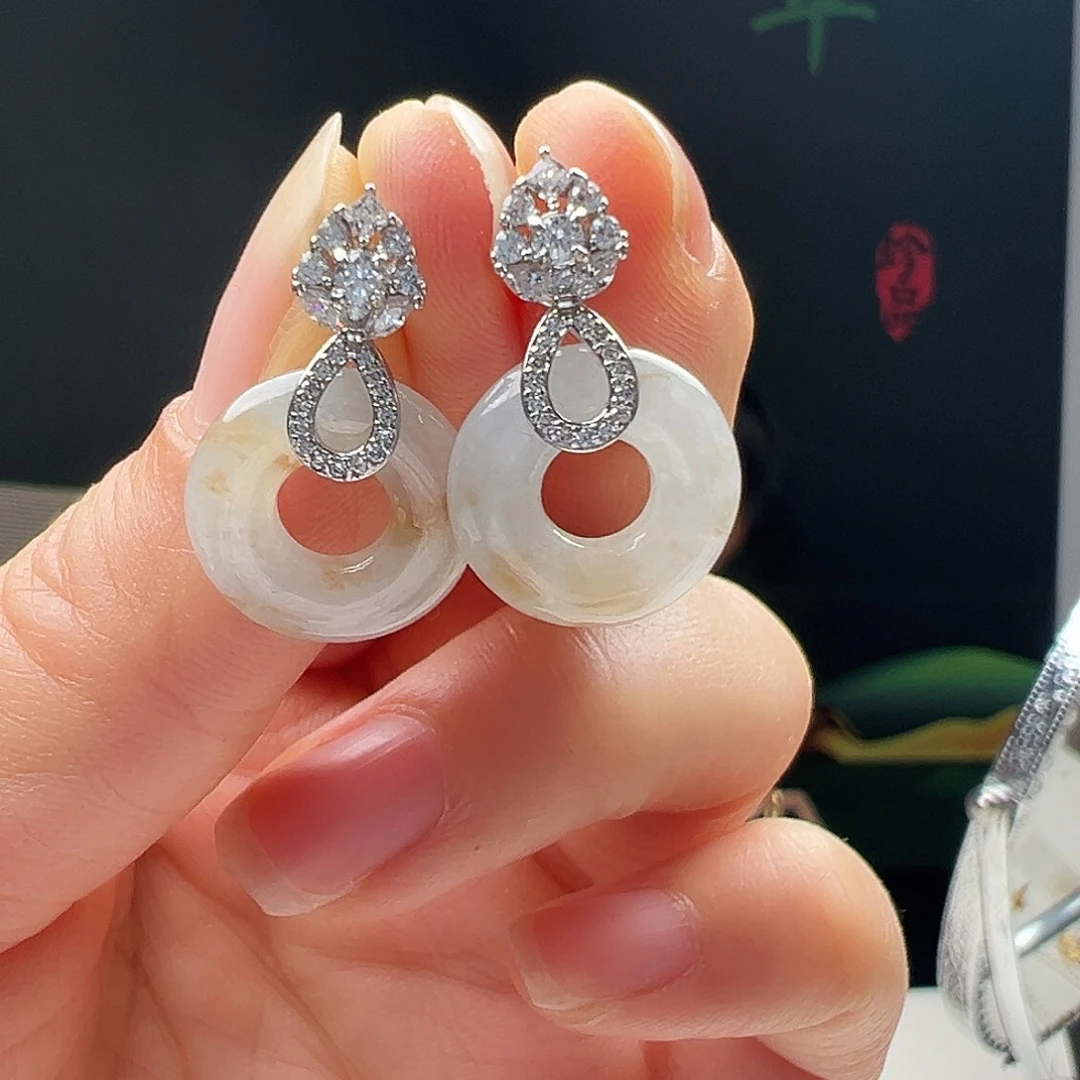 翡翠银S925镶嵌耳饰天然翡翠