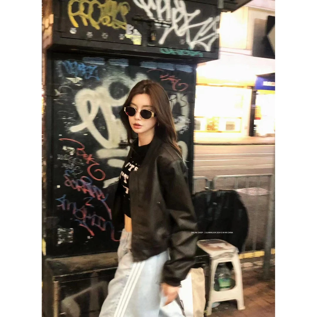 婉君【德芙巧克力】早秋百搭机车设计感短款皮衣女外套LWJ24C3C1510