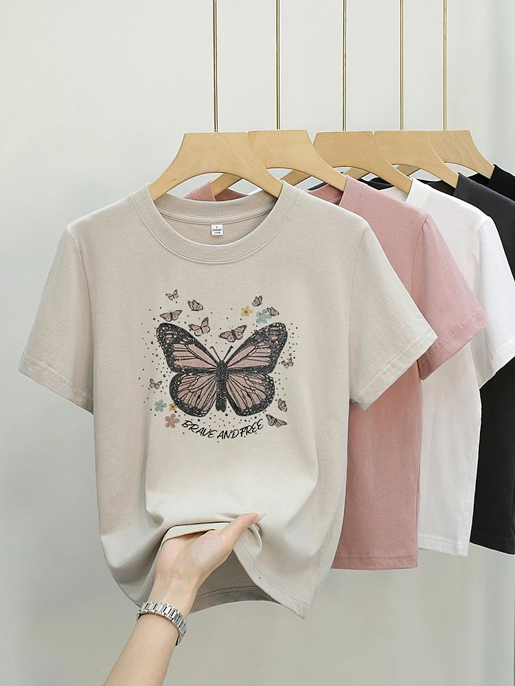 艾格彩钻蝴蝶 夏季印花短款显瘦百搭设计感小众设计师t恤