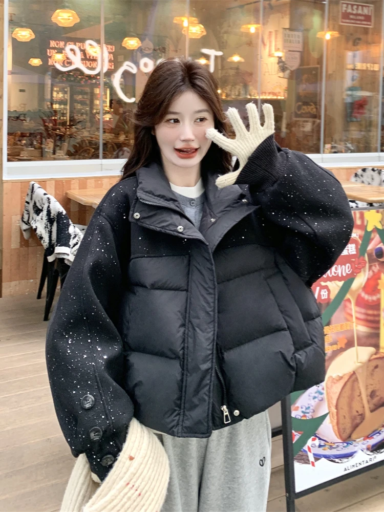 拼接保暖女短款棉衣女款黑色棉服休闲秋冬港风韩版百搭冬季加厚