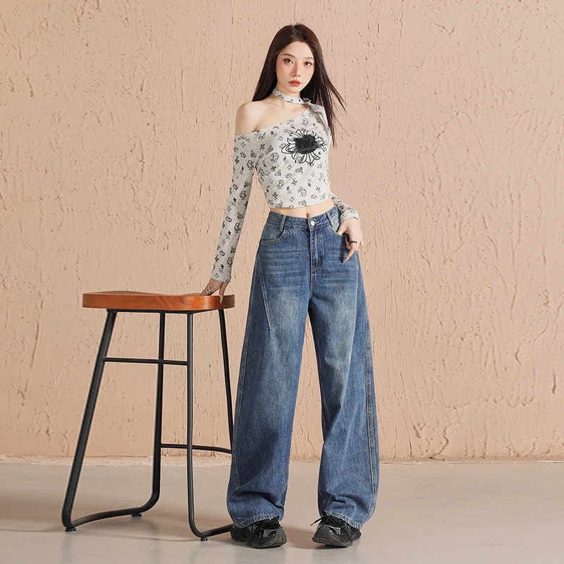 浅蓝牛仔裤女春秋季2025新款宽松显瘦直筒拖地长裤小个子阔腿裤