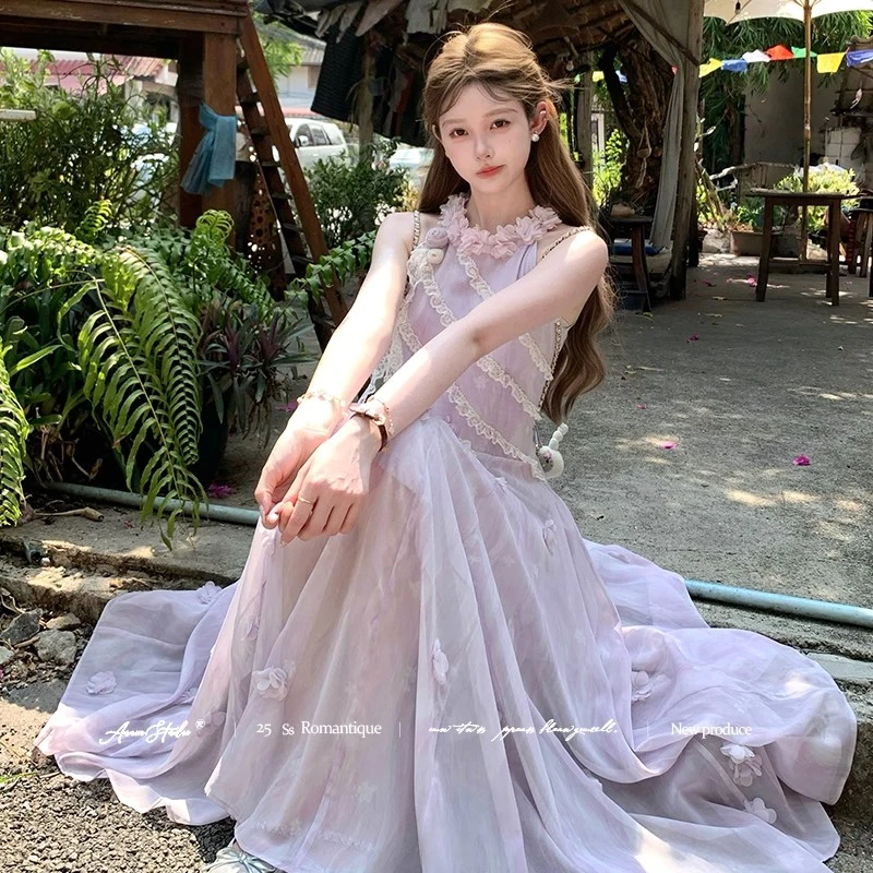 Acainee  仙气紫色长款少女纯欲连衣裙挂脖法式常规挂脖领公主