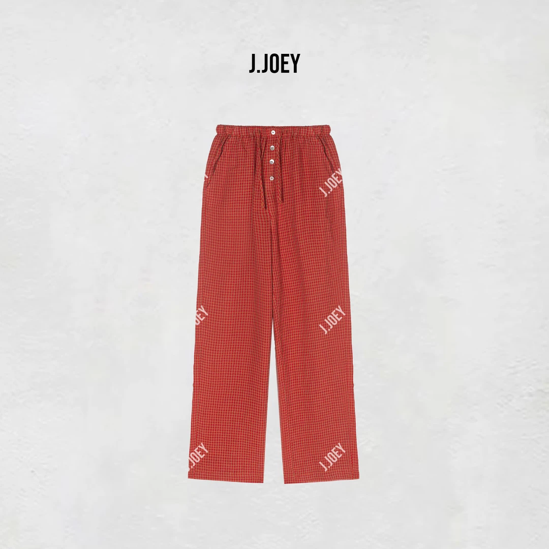J.JOEY “100”亚麻25春款休闲裤卫裤橘红色抽绳宽松直筒裤0886