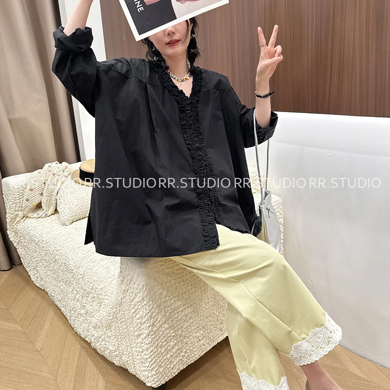 韩系设计感木耳边V领衬衫2025休闲减龄小清新慵懒风上衣DY1832