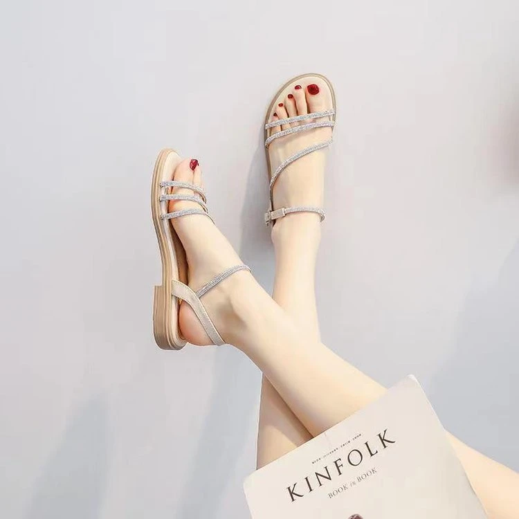 轻奢鞋子2025夏季新款仙女风罗马鞋沙滩鞋平底凉鞋女外穿水钻时尚