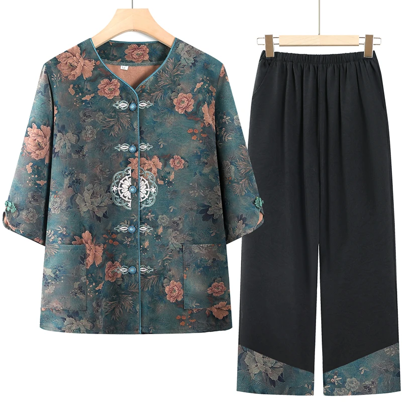 中老年人夏季套装大码妈妈装薄款绣花中国风上衣奶奶装宽松两件套