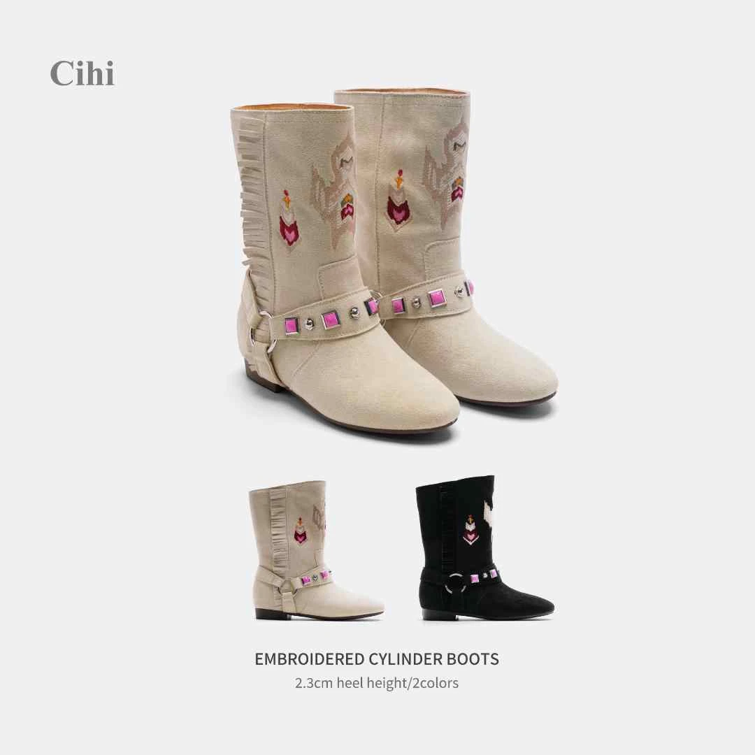 Cihi'Kismet' 复古刺绣流苏 波西米亚重工绒面西部靴