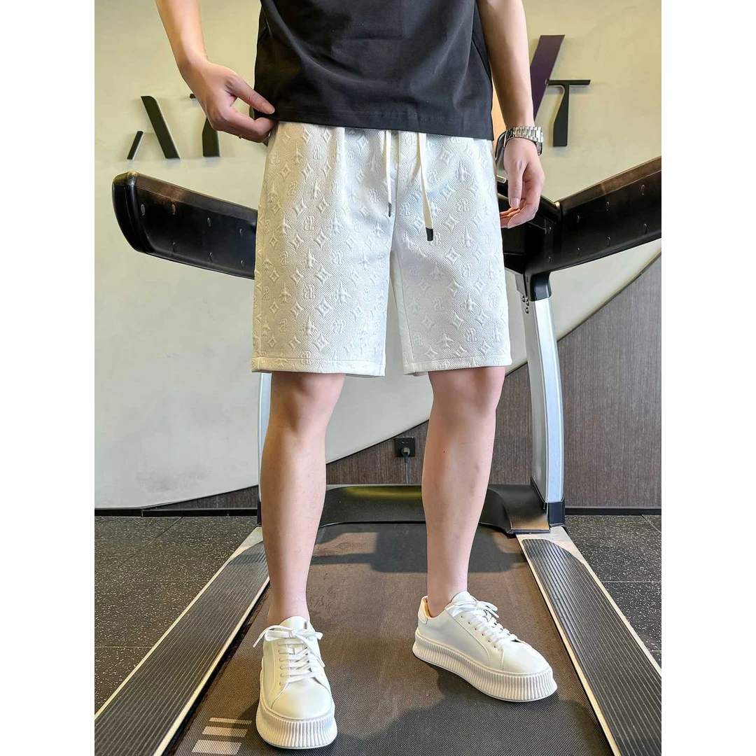 短裤男士提花夏季百搭潮牌时尚休闲五分裤男士宽松直筒帅气沙滩裤