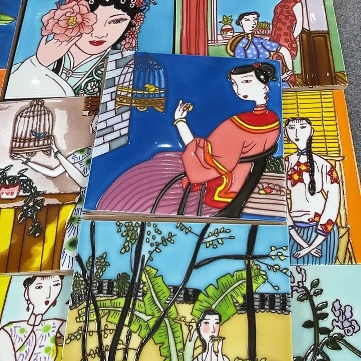 大***a瓷板画逗鸟吹笛子20瓷片