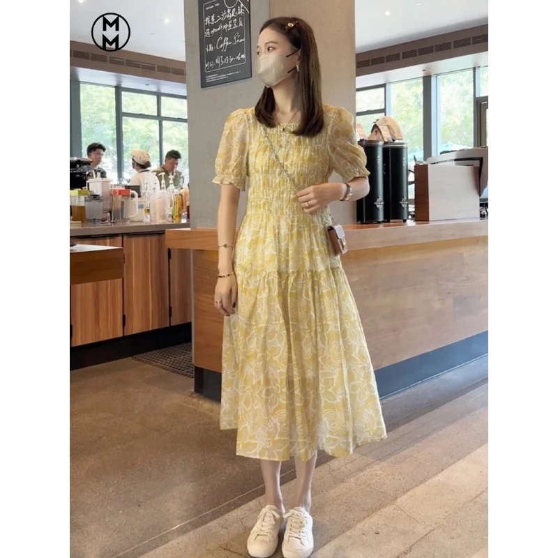 MM法式时尚泡泡袖黄色碎花连衣裙女2025夏季气质打揽显瘦中长裙