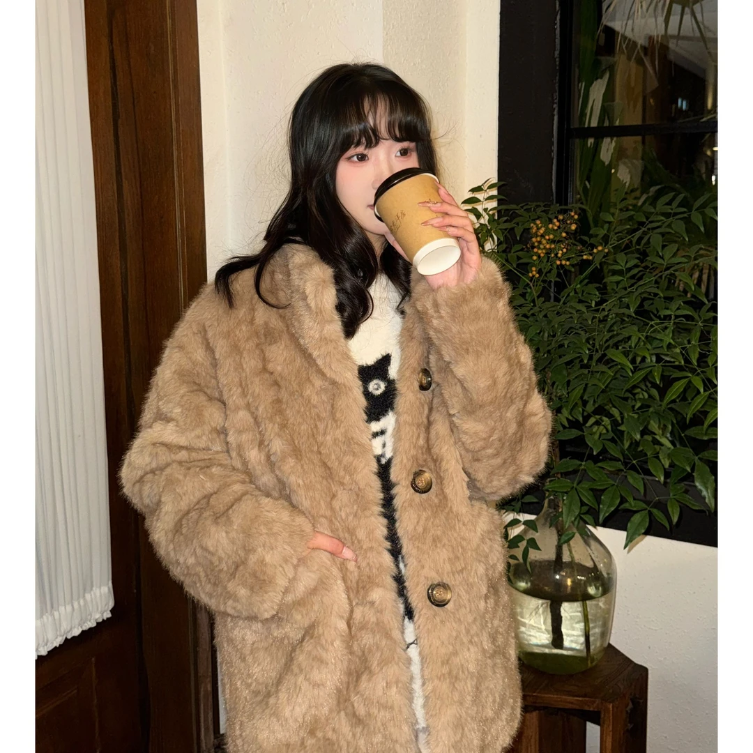 人造皮草 2025秋冬新款环保染尖慵懒毛毛外套休闲立领加厚大衣